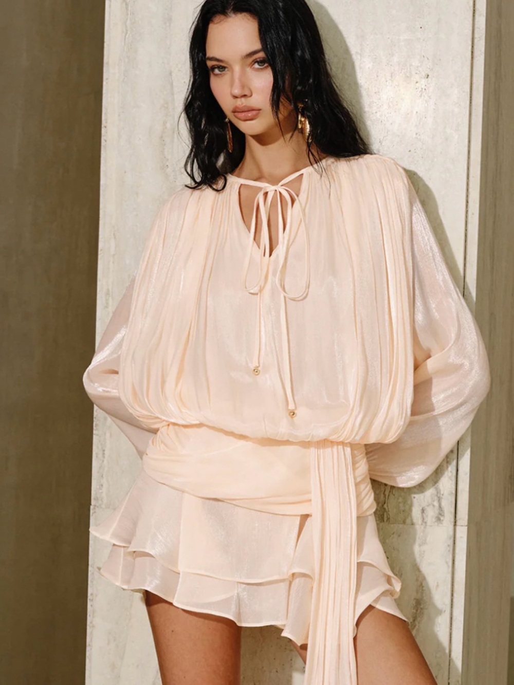 Commense Blouson Mini Dress in Pale Pink Shimmer